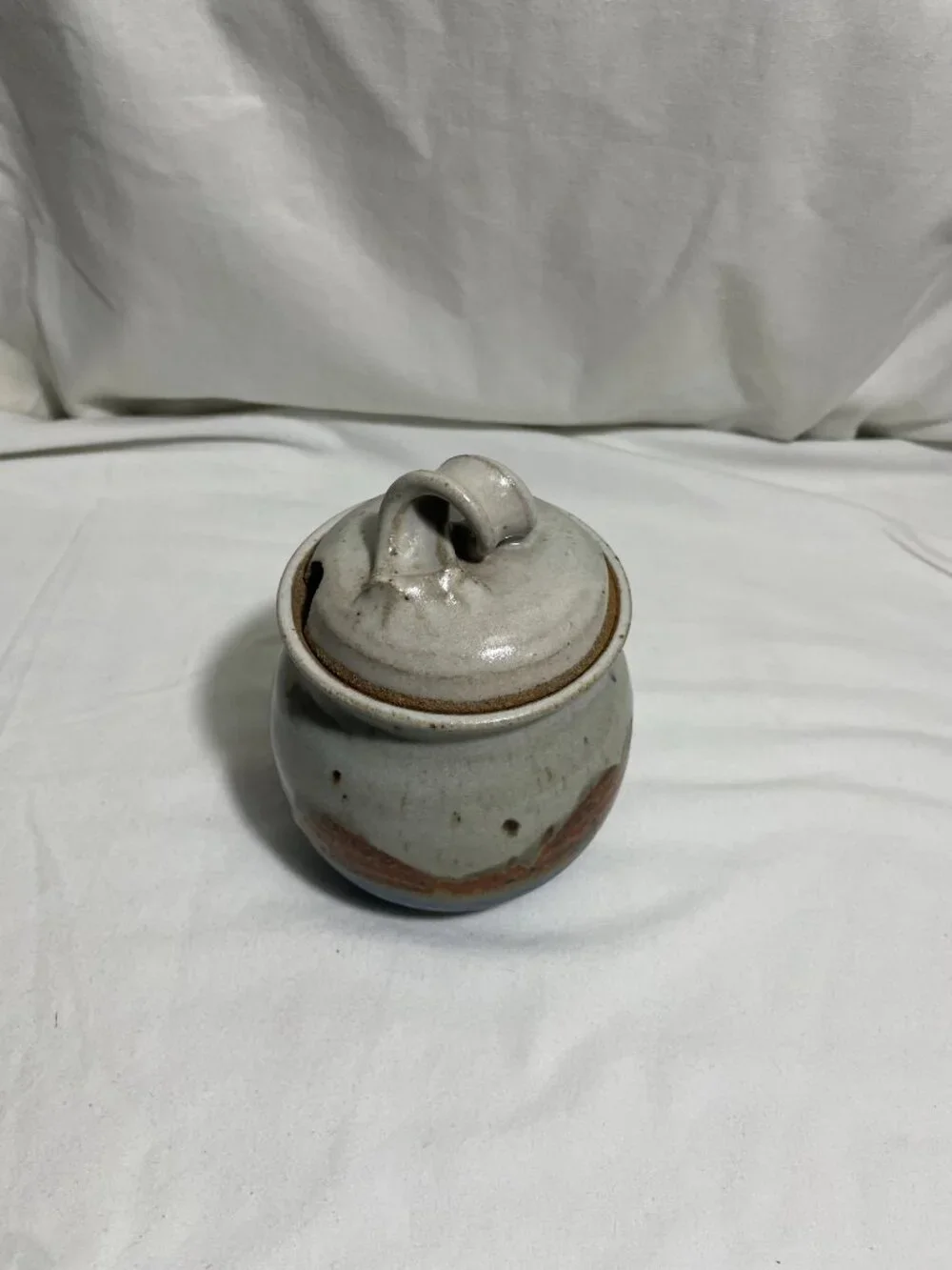 Vintage MCM Studio Stoneware Lidded Sugar Jar Spoon Notch Floral Chop Mark